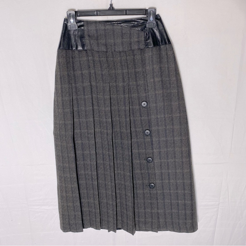 Vintage Debbie Shuchat NOW Grey Brown Wool Plaid Pleated Midi Skirt XS Academia
